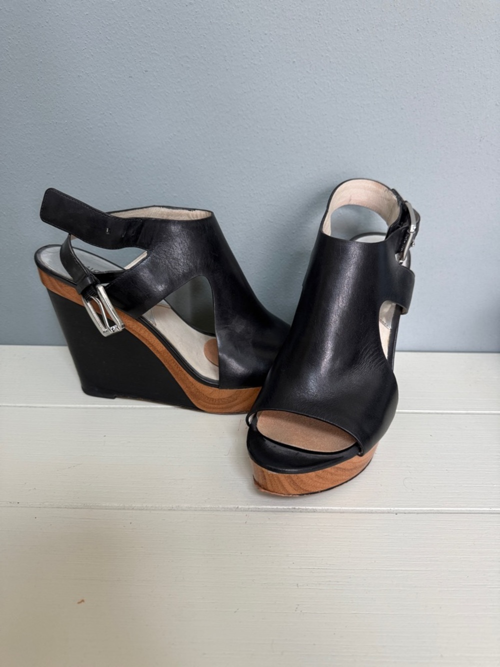MICHAEL Michael Kors Black Leather Wedge Sandals with Wood Platform